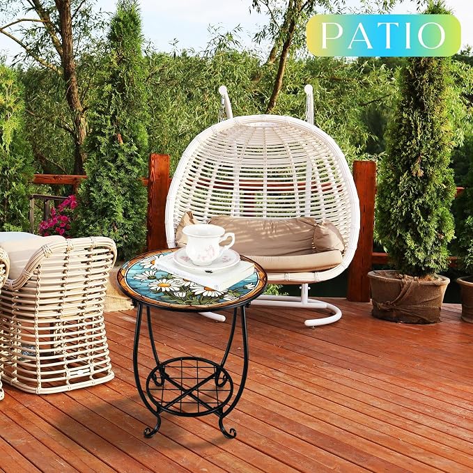 Cinnvoice Outdoor Side Table Round Small Mosaic Patio Accent Indoor End Plant - Image 4