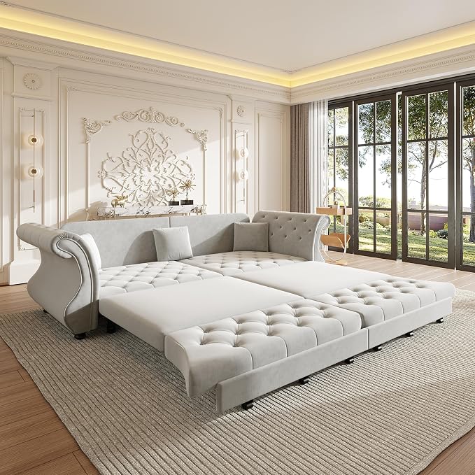 97.6" Oversized Pull Out Sofa Bed, Chesterfield Velvet Sleeper Sofa Couch - Image 8