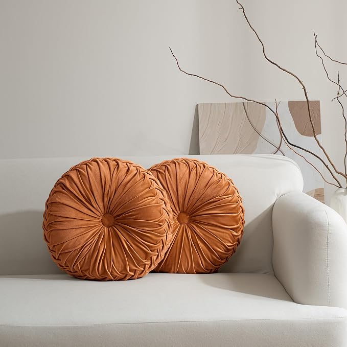 HIG Set of 2 Rust Velvet Decorative Round Pleated Throw Pillows | Vintage Floor by HIG