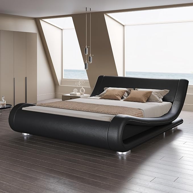 SHA CERLIN Queen Size Upholstered Bed Frame, Deluxe Low Profile Sleigh Bed by SHACERLIN