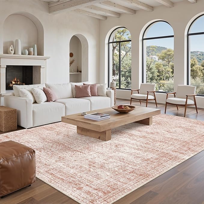 Soalmost 5x7 Area Rugs Pink Low Pile Washable Trendy Faded Style Rug | Vintage - Image 9