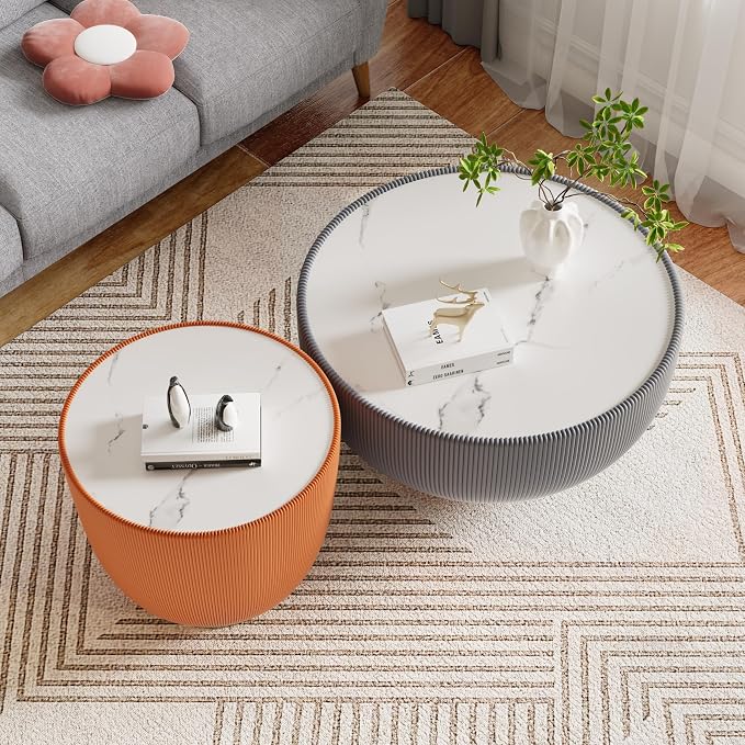 Round Marble Coffee Table Set of 2, 2 Piece White Coffee Table and End Table - Image 5