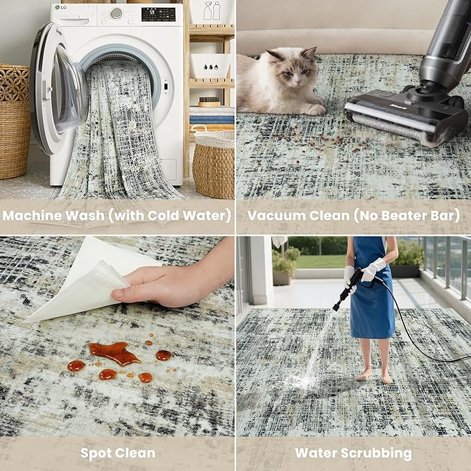 5x7 Washable Area Rug for Living Room Bedroom: Non-Slip Modern Black Gray | - Image 5