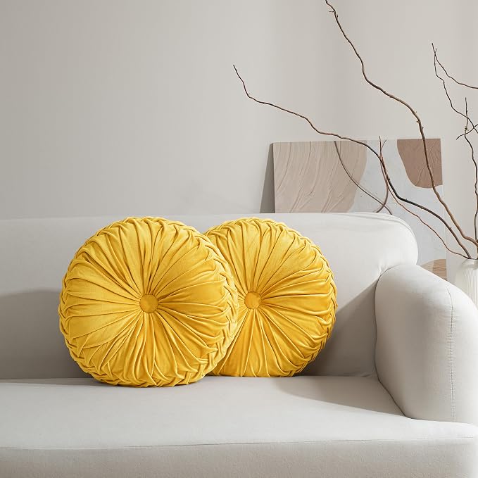 HIG Set of 2 Yellow Velvet Decorative Round Pleated Throw Pillows | Vintage by HIG