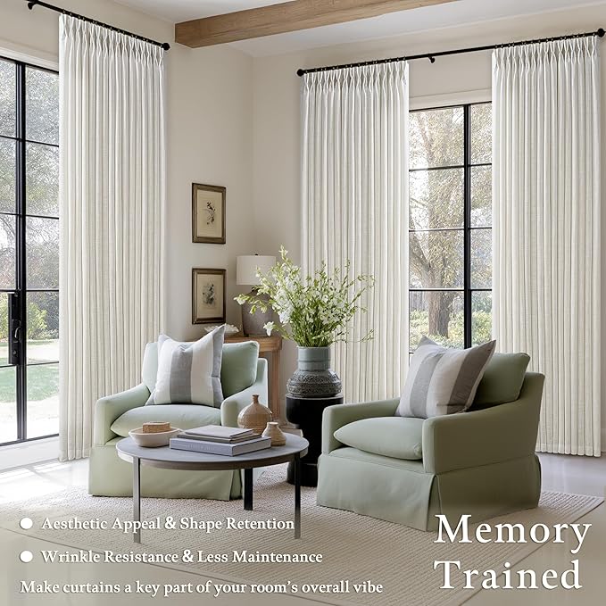 96 Inch Pleated Light Filtering Natural Linen Boho Curtains 50 Inch Wide | - Image 2