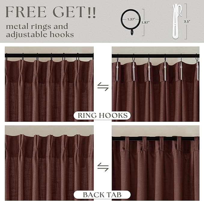 Brick Brown Pinch Pleated Light Filtering Linen Curtains 90 Inches Long | - Image 5