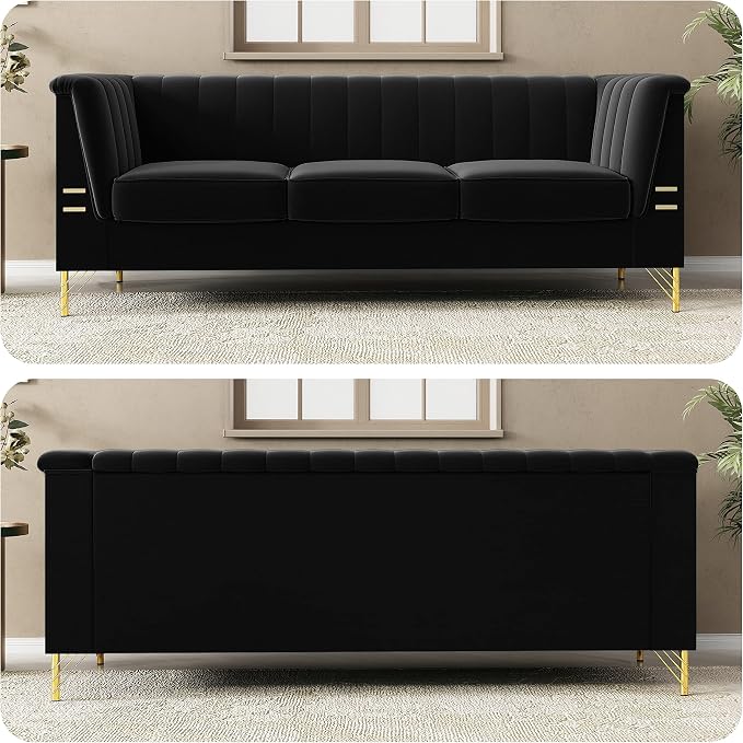 83.46" W Black Velvet Sofa Couch - Image 6