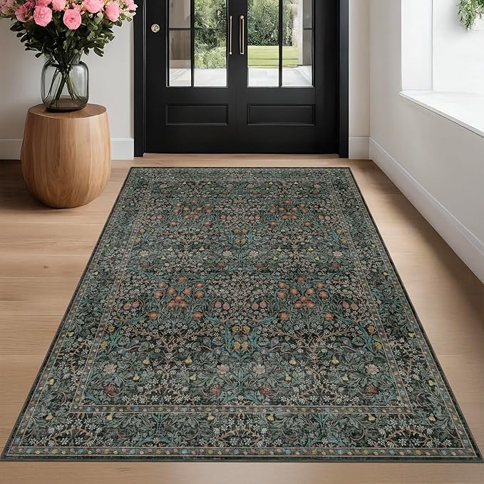 Dark Green Floral Living Room Rug 5x7 Area Rug - Image 3