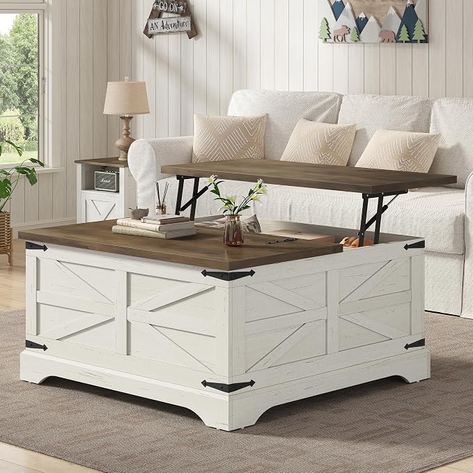Furnideco 35.5''W Square Coffee Table Farmhouse Lift top Coffee Table by FurnidecoFurniture