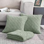 Homiest Cable Knit Throw Blanket and Pillow Set, Sage Green Set of 3, Knitted - Image 2