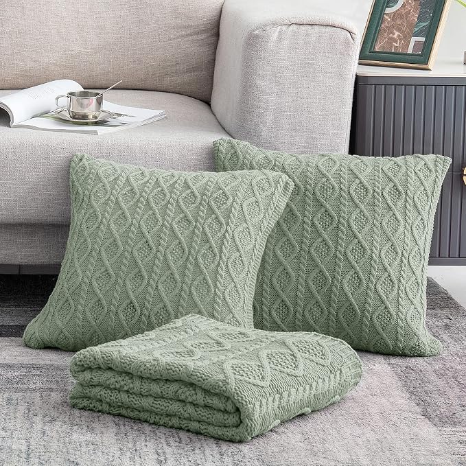 Homiest Cable Knit Throw Blanket and Pillow Set, Sage Green Set of 3, Knitted - Image 2