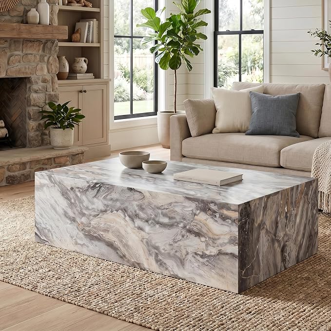 Coffee Table, Modern Faux Marble Living Room Table in Grey by BAOPIN