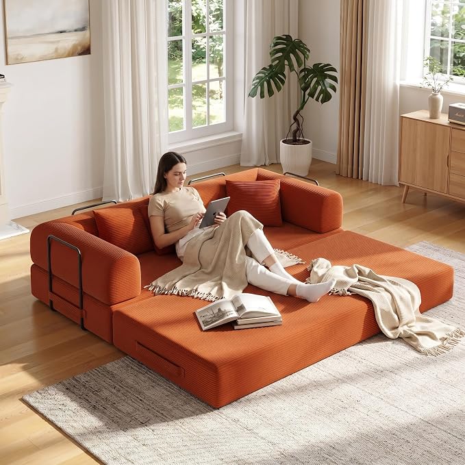 79in Convertible Sofa Bed, Corduroy Boneless Couch Bed, Futon Sleeper Sofa Pull by Unknown