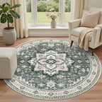 Round Area Rug for Living Room: 6ft Boho Washable Rug Green Ivory | Vintage - Image 2