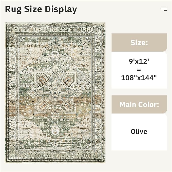 Soalmost 9x12 Area Rugs for Living Room Washable Rug Non-Slip Olive Beige | - Image 4