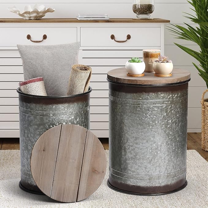 Rustic Storage Ottoman Seat Stool, Farmhouse Accent Side Table, Antique - Image 9