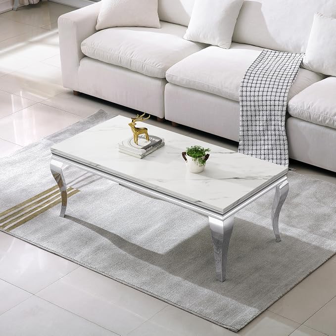 Henf 47" Modern White Faux Marble Coffee Table - Image 4