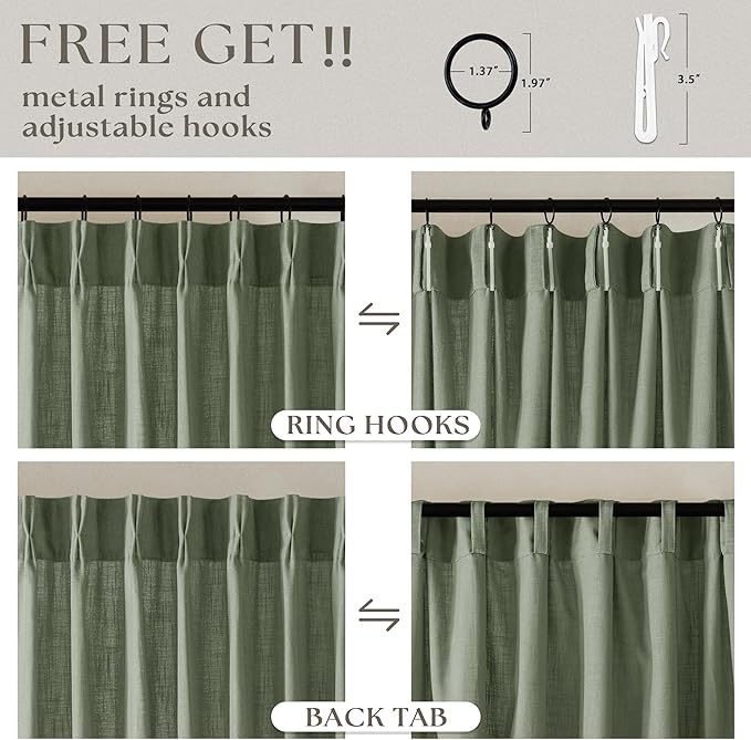 Sage Green Pinch Pleat Semi Sheer Linen Curtains 102 Inches Long 2 Panels | - Image 5