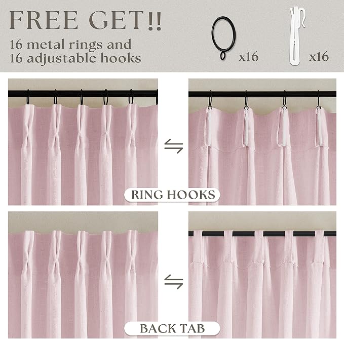 Light Pink Pinch Pleat Linen Semi Sheer Curtains 45 Inch Length 2 Panels | - Image 5