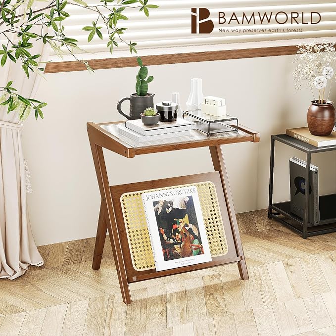 Bamworld Rattan Side Table Boho NightStand Mid Century Modern End Table Glass - Image 3