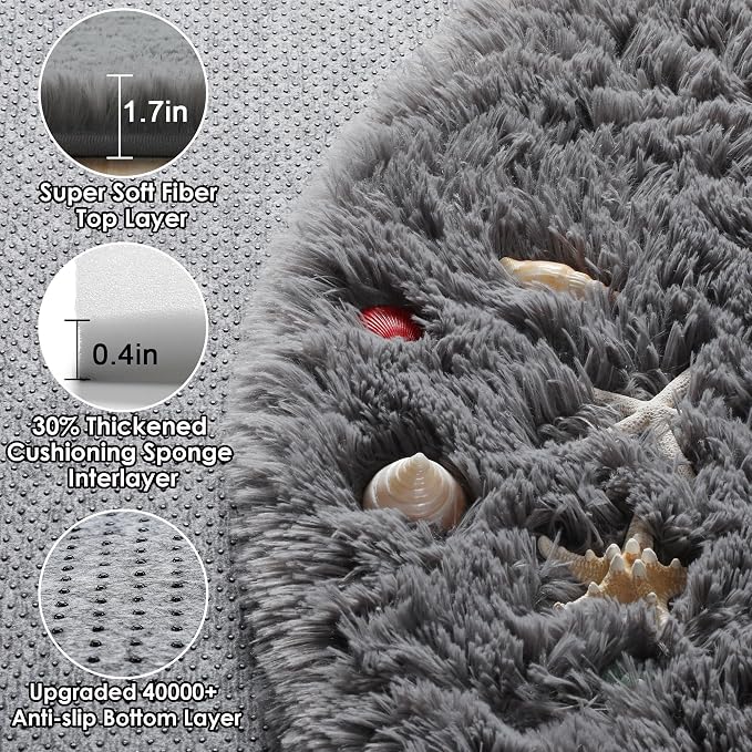 Grey Round Rugs 8ft for Living Room, Fluffy Bedroom Circle Area Rug, Soft Plush - Image 2