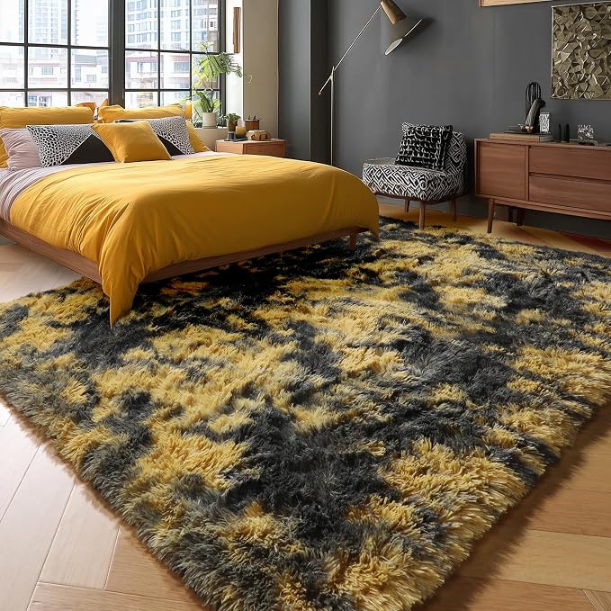 Black and Yellow Bedroom Rugs 4x6 Ft, Fluffy Modern Living Room Area Rug | - Image 8