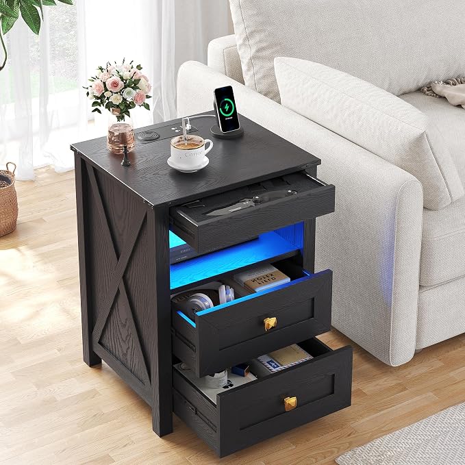 HWB LED Nightstand with Gun Drawer: Bedside Table with Charging Station - Image 8