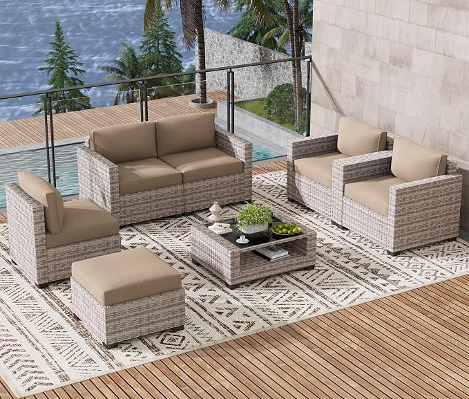 LOUVIXA 7 Piece Outdoor Patio Furniture Set, Rattan Chairs Glass Table Wicker by LOUVIXA