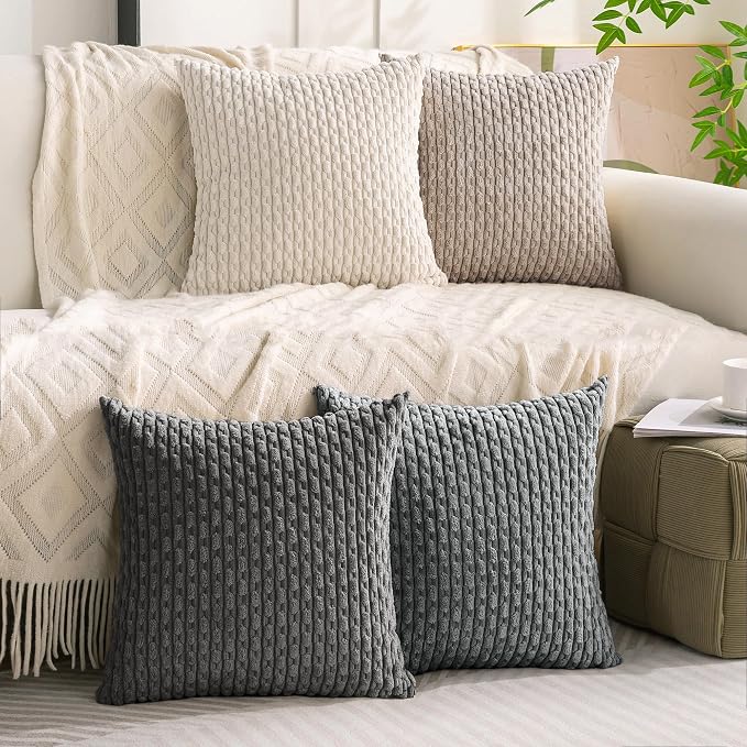 Set of 4 Grey White Taupe Decorative Throw Pillow Covers 24x24 Inch Corduroy - Image 9