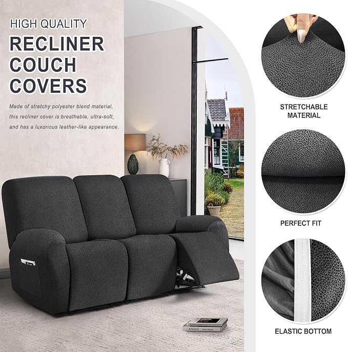 ANARACHON Leather Look Recliner Couch Cover, 8-Pieces Stretch Recliner Sofa - Image 4
