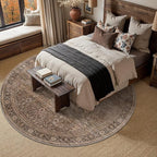Schweek 8ft Round Rug Vintage Brown Neutral Washable Non-Slip Circle Rugs | - Image 8