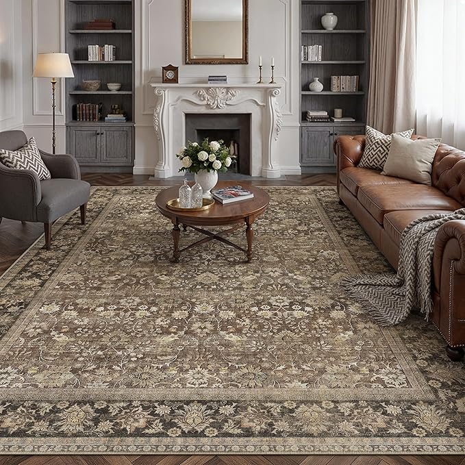 9x12 Washable Area Rug for Living Room | Brown Vintage Floral, Thick Mid Pile by HUGEAR