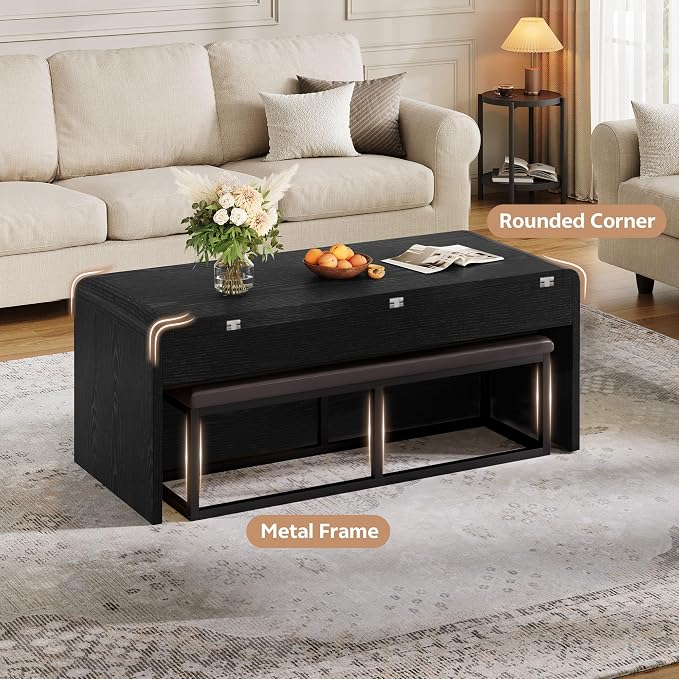 Lift Top Coffee Table with Bench, 4-in-1 Multi-Function Coffe Table w/Curved - Image 4