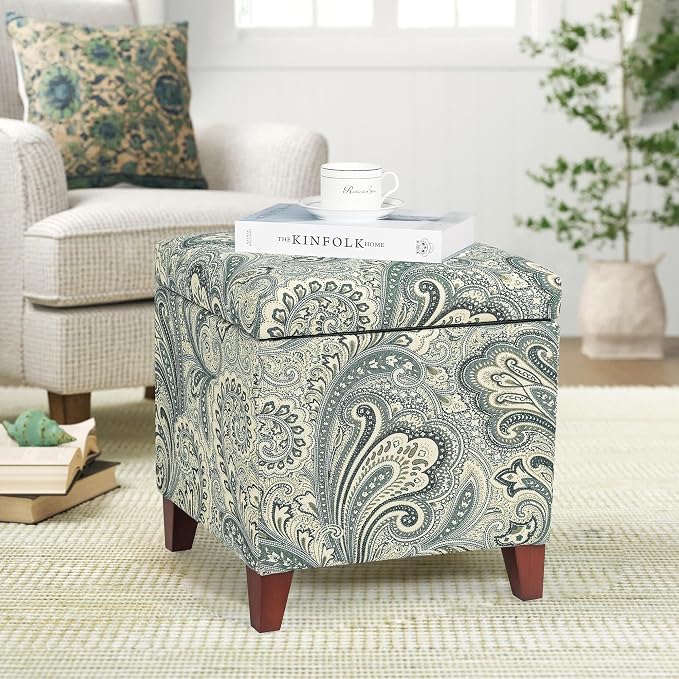 Adeco 18" Cube Storage Ottoman in Blue Paisley, Upholstered Linen Foot Stool & by Adeco