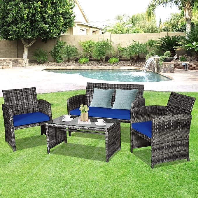 Goplus 4-Piece Rattan Patio Furniture Set, Outdoor Wicker Conversation Sofa - Image 9