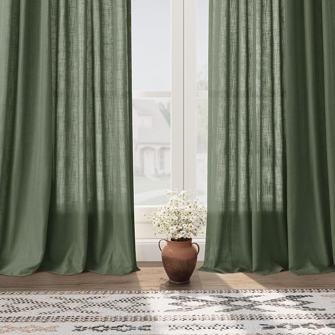 Olive Green Linen Blend Drapes 84 Inch Length 2 Panels Set Back Tab Rod Pocket - Image 6
