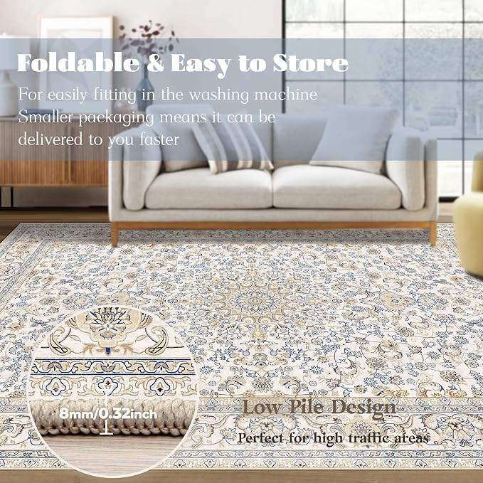 Area Rug 8x10 Washable Rug, Vintage Boho Medallion Rugs Non-Slip Soft Low Pile - Image 7