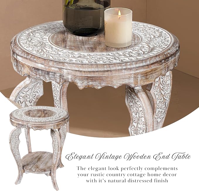 Farmhouse Round Accent End Table, Rustic Side Table Nightstands - Image 5
