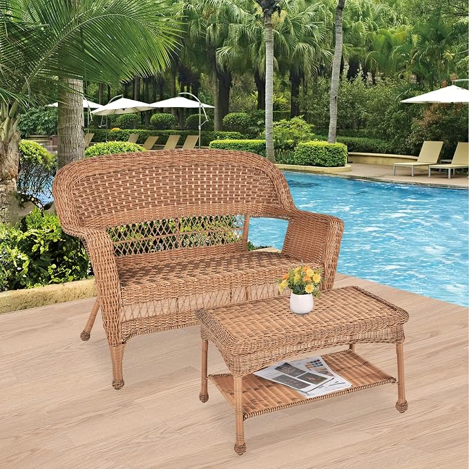 Jeco Wicker Patio Love Seat and Coffee Table Set in Honey Without Cushion - Image 2