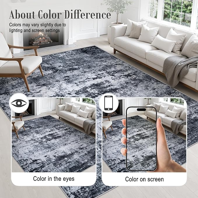 2.6x10 Washable Runner Rug:Modern Abstract Indoor Carpet Black | - Image 6