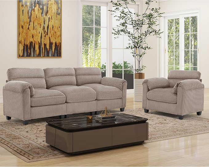 HAOMARKETS Corduroy Sofa Set, Upholstered Armchair and 3-Seater Couch by HAOMARKETS