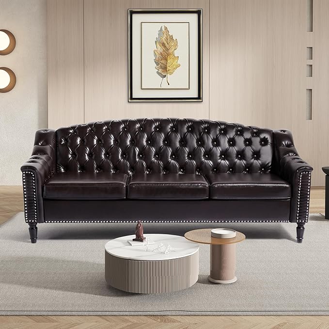 LEVNARY Mid-Century Modern Leather Couch, Chesterfield Sofa Sleeper Settee by LEVNARY