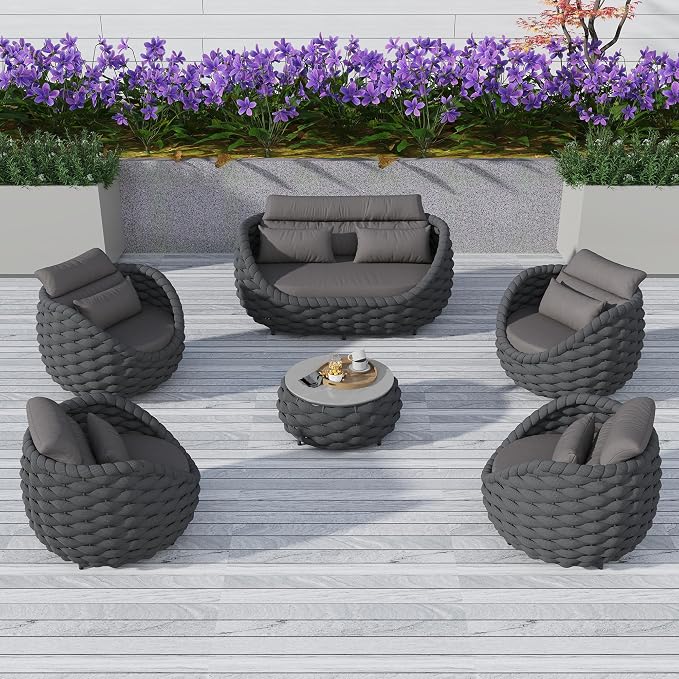 TWT 6-Piece Aluminum Patio Furniture Set, Olefin Rope Modern Outdoor by TWT