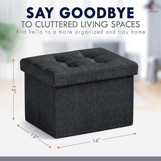 Ornavo Home Small Storage Ottoman, Foldable Collapsible Rectangle Linen Ottoman - Image 2