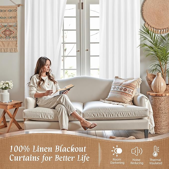White 100% Blackout Linen Curtains 84 Inches Long - Image 2
