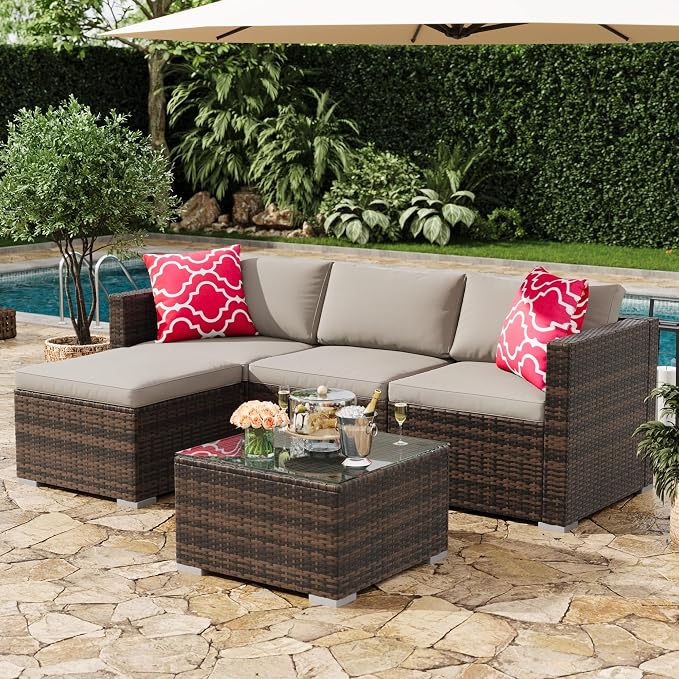 5-Piece Outdoor Sectional Sofa Set, All-Weather PE Rattan Patio Furniture by Unknown