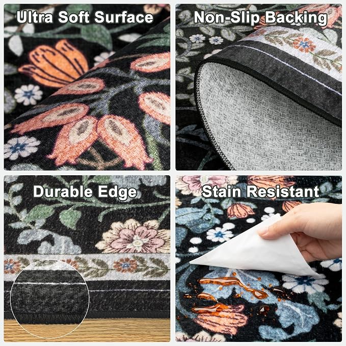 PLHXFR 2.6x8 Washable Runner Rug：Floral Indoor Kitchen Carpet Dark Black | - Image 8