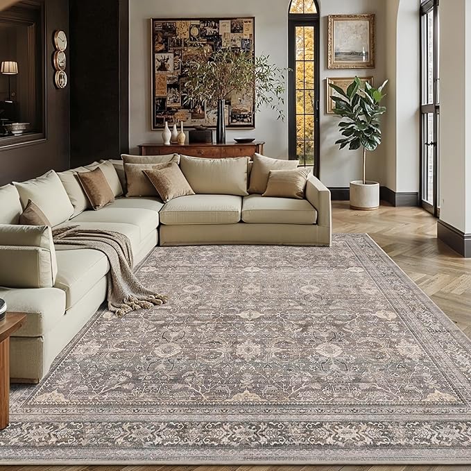 Schweek 8x10 Washable Area Rug Neutral Floral Rugs by Schweek
