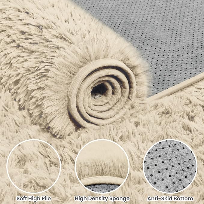 4x6 Fluffy Shag Area Rugs for Living Room Bedroom: Soft Plush Carpet Beige | - Image 6