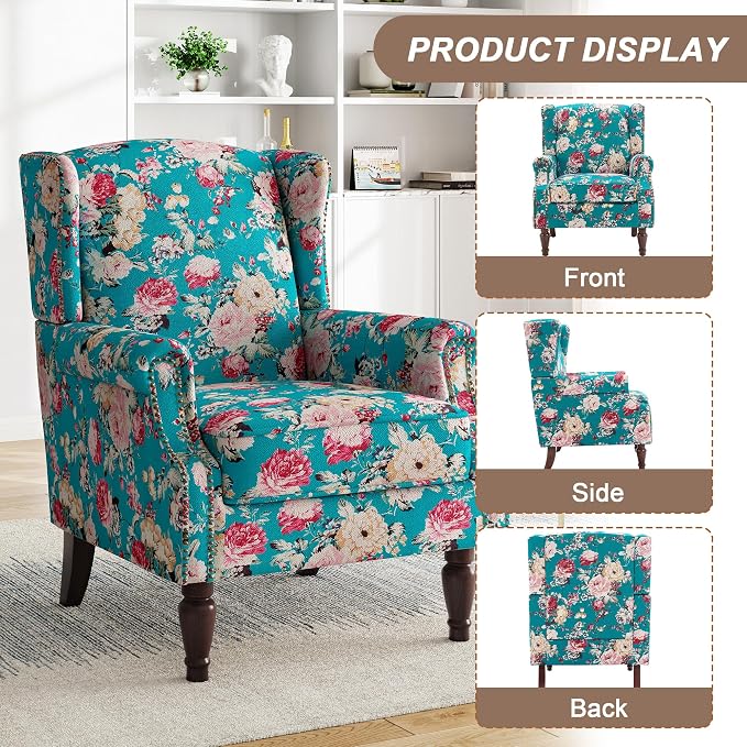 Pia Ricco Set of 2 Floral Accent Chairs, High Back Upholstered Armchairs - Image 3